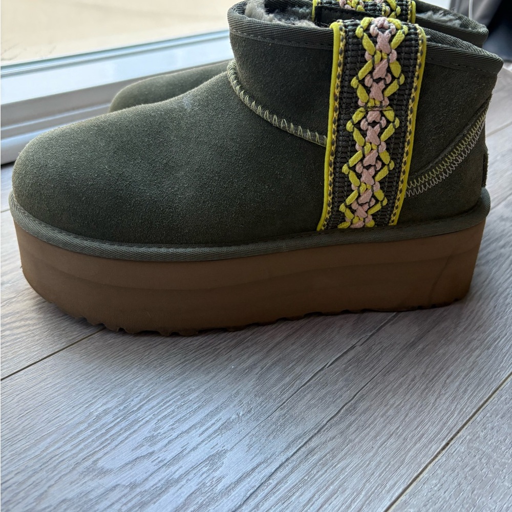UGG Olive Suede Boots with Yellow Embroidery